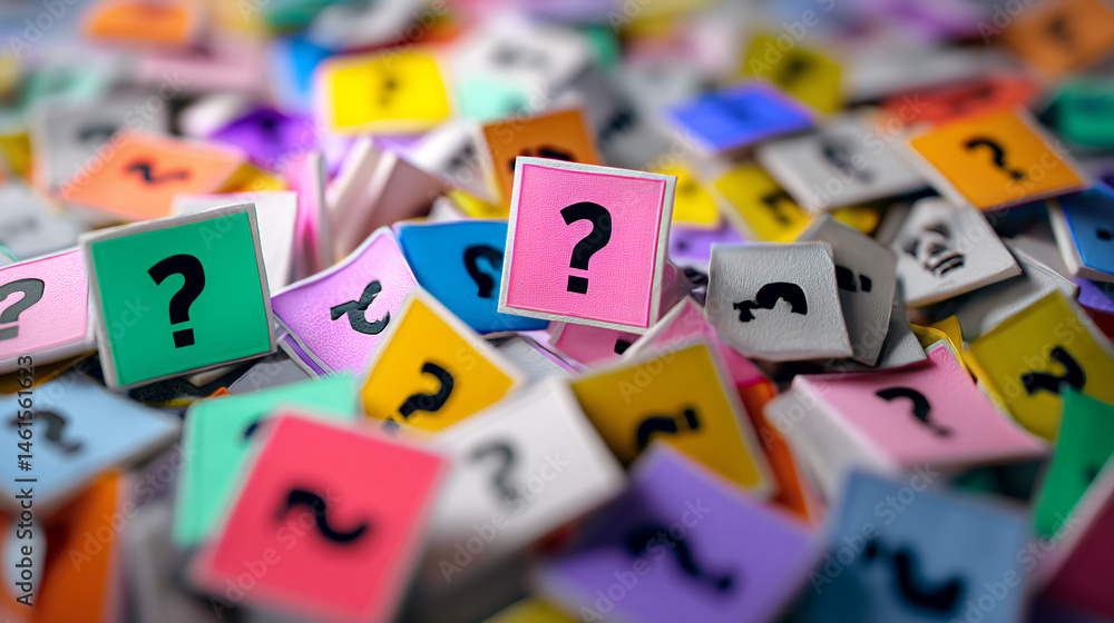 Poster Colorful question marks on textured squares, piled creating depth and uncertainty, symbolizing questions, choices, or problem-solving