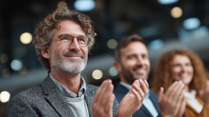 Group of business people clapping together, background with corporate banner, celebrating team achievement