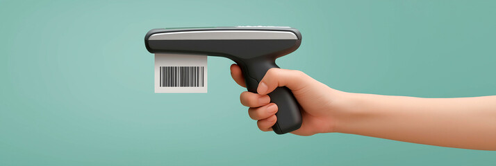 Hand holding barcode scanner printing label with barcode on teal background