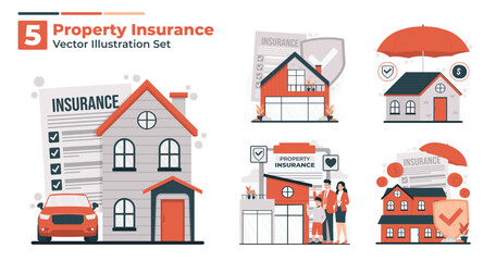 Property insurance illustration set showing home protection, shield symbol, house form, and safety coverage concept for residential assets