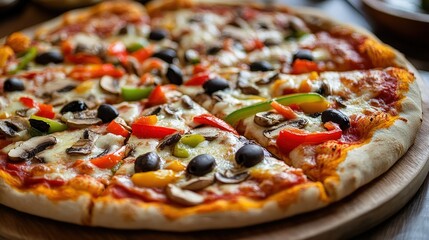 pizza loaded with colorful bell peppers, olives, mushrooms, and melted cheese