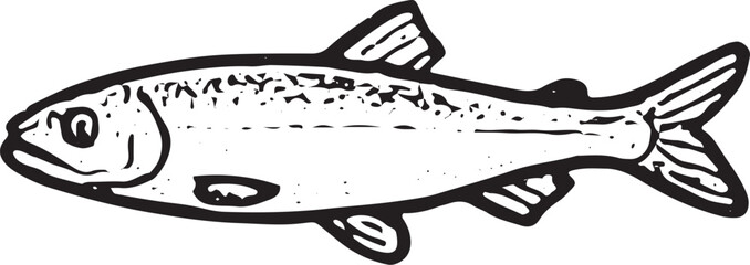 A hand-drawn black-and-white illustration of a herring with a streamlined shape. Perfect for fishing themes, wildlife art, or oceanic designs