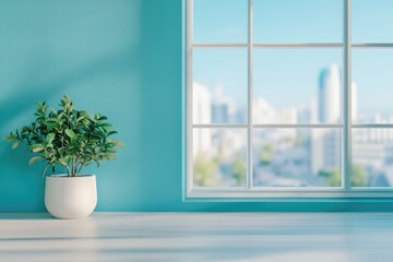 Fototapeta premium Potted Plant by Window with City View