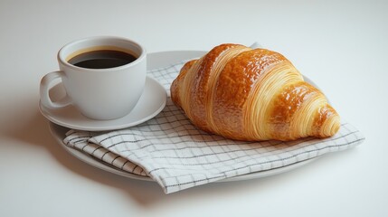 Coffee and croissant breakfast on plate, white background. Stock photo for food blogs