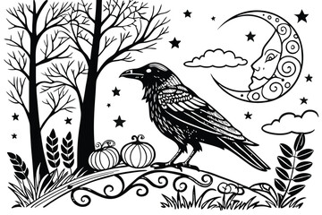 103 Black and white illustration, intricate crow artwork, detailed feather patterns, ornamental moon, silhouette bird, mystical night scene, swirling designs, decorative flora, pumpkins, stars, clouds