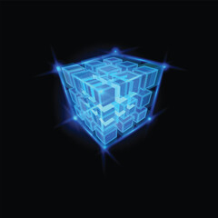 Energy cube blocks vector design, shining blue neon square grid shape, high tech technology, digital cyber matrix box