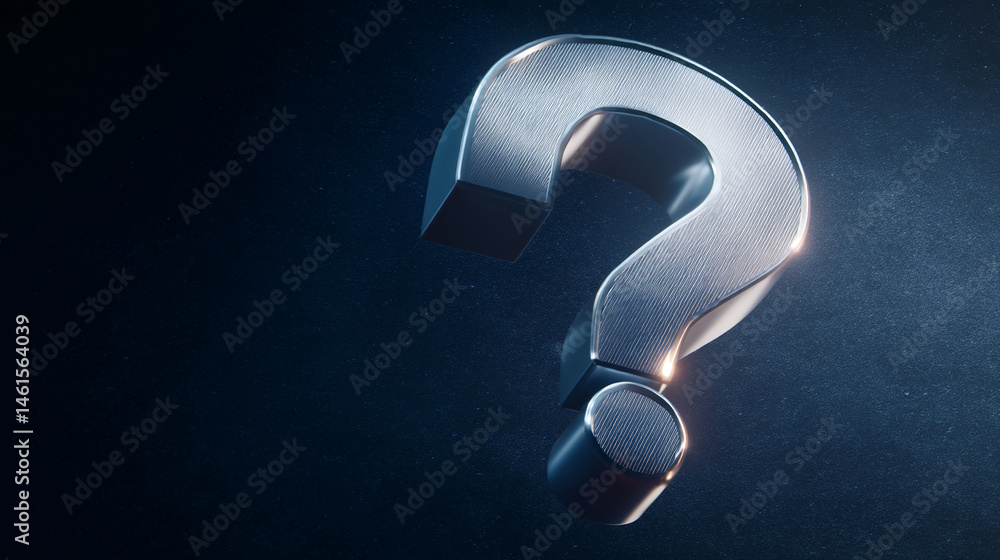 Poster metallic question mark on dark background, textured surface, symbolizing inquiry, uncertainty, or th