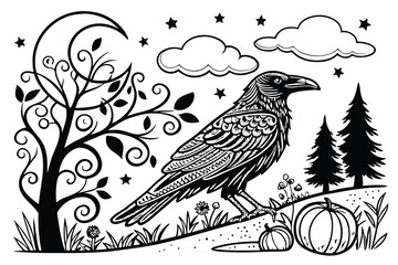 103 Black and white illustration, intricate crow artwork, detailed feather patterns, ornamental moon, silhouette bird, mystical night scene, swirling designs, decorative flora, pumpkins, stars, clouds