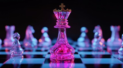 A vibrant pink glass chess queen stands amidst a chessboard battle