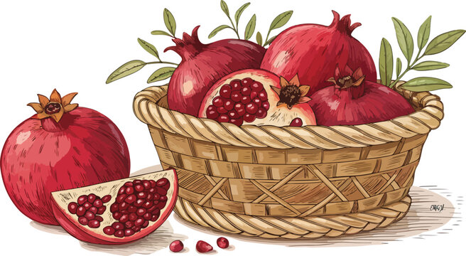 red pomegranates in basket, fruit still life clip art preview