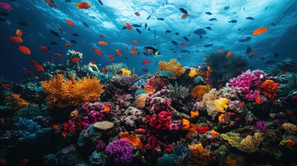 vibrant coral reef beneath Earth's oceans, teeming with colorful marine life.