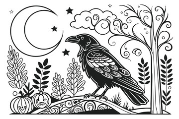 Fototapeta premium 103 Black and white illustration, intricate crow artwork, detailed feather patterns, ornamental moon, silhouette bird, mystical night scene, swirling designs, decorative flora, pumpkins, stars, clouds