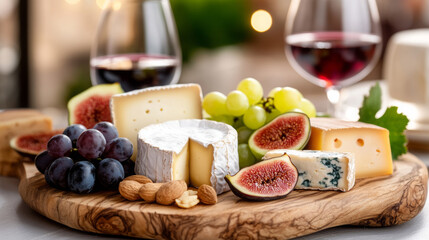 Elegant cheese platter with assorted fine cheeses and grapes  