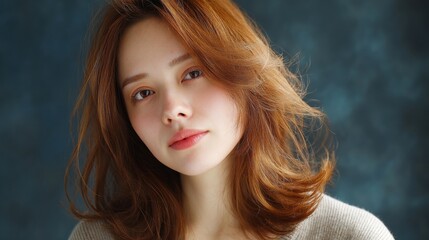 Naklejka premium Portrait of a woman with soft features and long, wavy hair, set against a textured blue background.