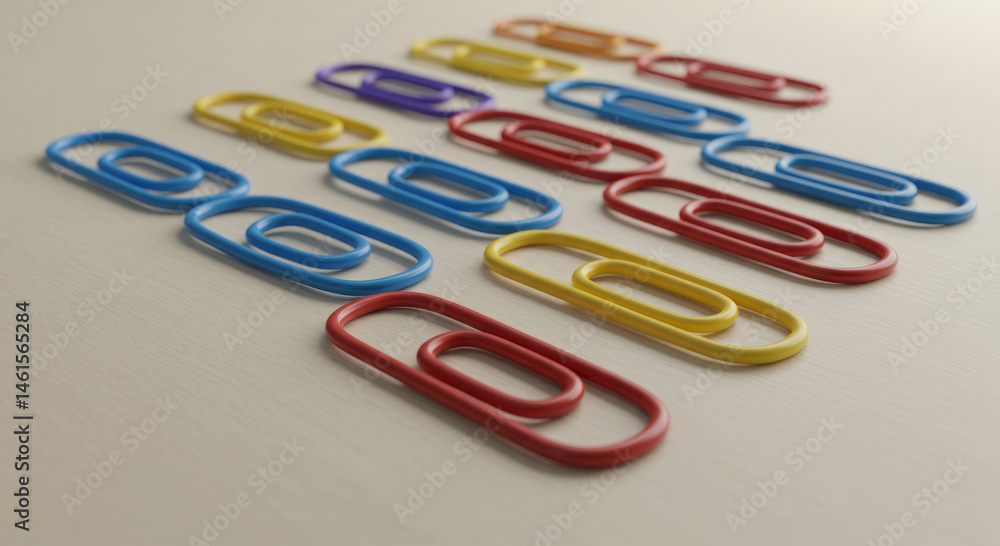 Poster colorful paperclips arranged in a row on a light beige surface. abstract design elements with variou