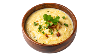 Traditional Indian breakfast dish Upma served in a rustic wooden bowl, garnished with vegetables and herbs, isolated on a transparent background in Png