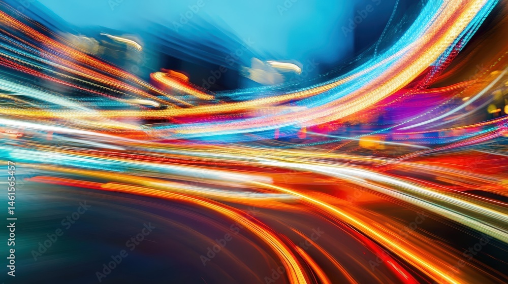 Poster vibrant fusion of light trails and motion blur, creating a dynamic abstract effect