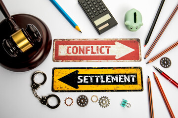  Conflict vs Settlement Concept. Red and yellow directional arrow with text