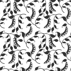 Fototapeta premium Pattern black and white. Dark silhouette of Pea pod with fruits and leaves on thin branch, stylized doodle drawing.