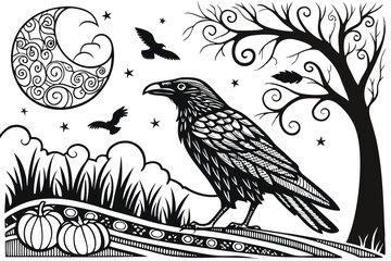 103 Black and white illustration, intricate crow artwork, detailed feather patterns, ornamental moon, silhouette bird, mystical night scene, swirling designs, decorative flora, pumpkins, stars, clouds
