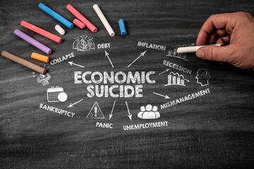 ECONOMIC SUICIDE Concept. Black scratched textured chalkboard background