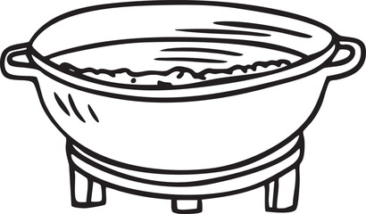 A simple black-and-white drawing of a large cooking pot.
