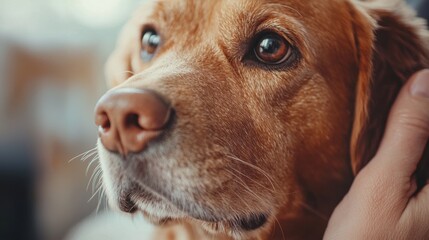 A loving human hand gently caresses the soft fur of a beautiful golden retriever, showcasing its gentle eyes and expressive face indoors.