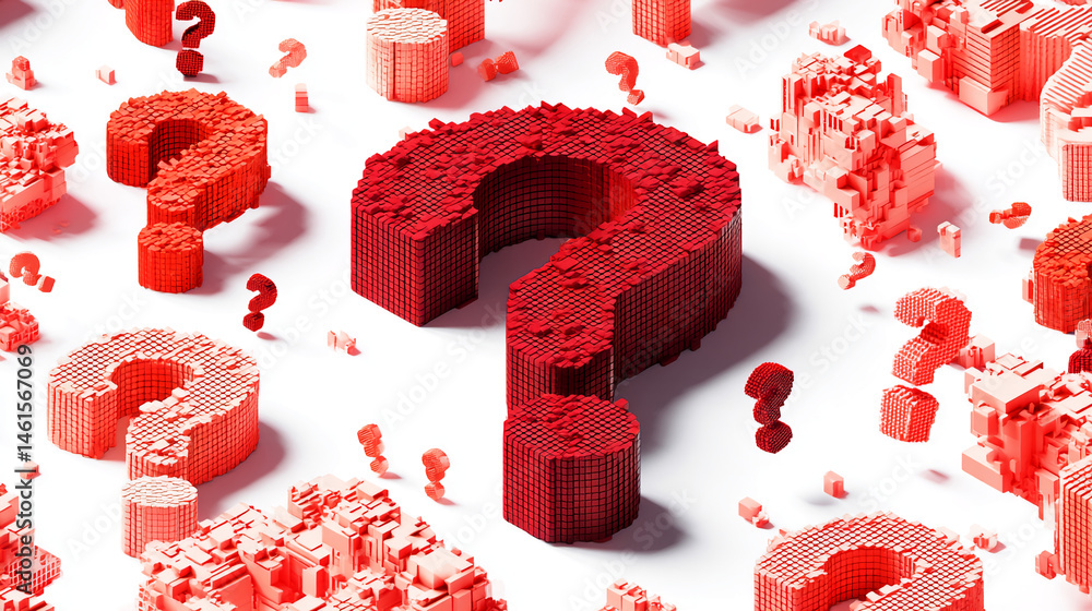 Poster red and coral question marks, blocky 3d texture, scattered on white background, representing uncerta