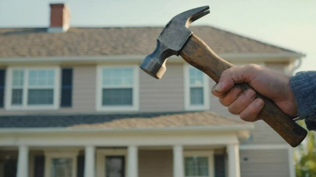 Person hammering near house exterior