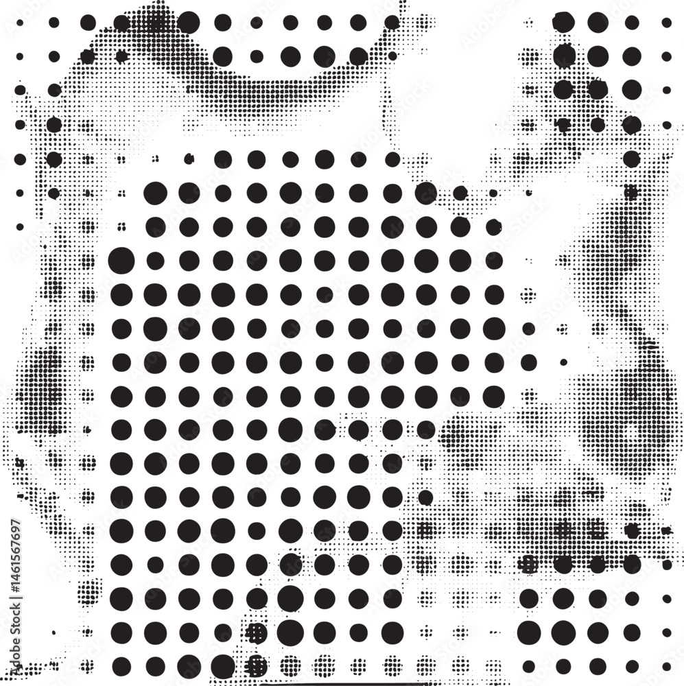 Poster a grayscale portrait features a face constructed from numerous overlapping black dots creating an ab