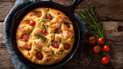 A Pan Of A Pizza With Tomatoes And Herbs On A Wooden Table (AI Image)