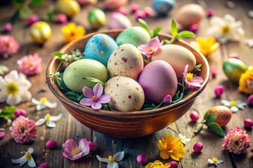Obraz premium Macro Pastel Easter Eggs Flowers Spring Bowl Holiday Photography