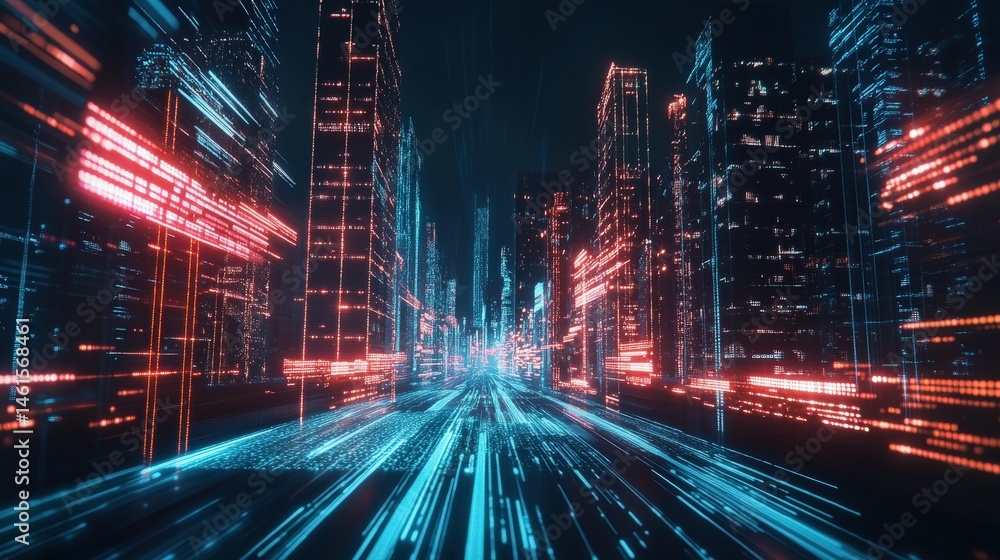 Poster virtual data stream moving across a futuristic city, representing smart technology and ai-driven aut