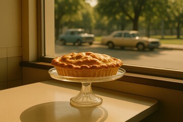 Sunny afternoon 1980s pie on windowsill scene for simple compose design