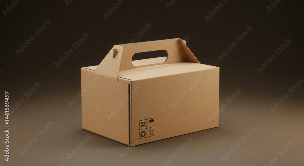 Poster brown cardboard box with carry handle in a studio setting. empty box positioned on a dark brown surf