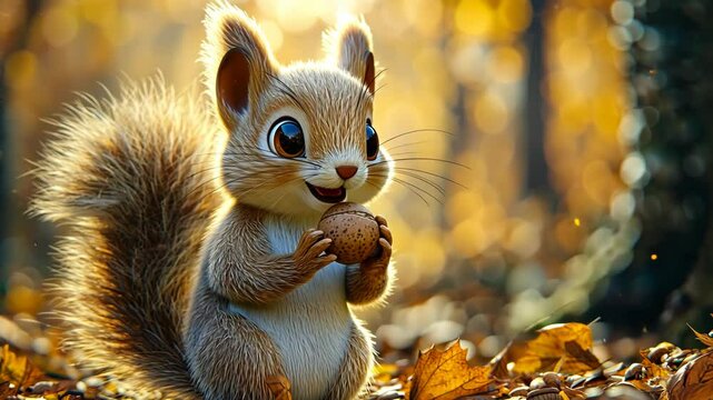 Cute cartoon squirrel holding a nut in autumnal forest