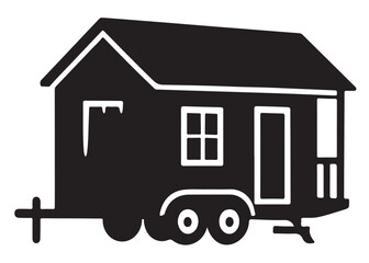 Tiny House logo silhouette vector, camping trailer house logo icon silhouette, wheels house silhouette vector design, house on wheels black silhouette isolated on a white background