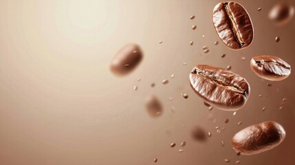 Fototapeta premium Aromatic roasted coffee beans are suspended in midair against a warm gradient background creating a dynamic and inviting composition.