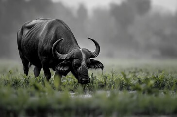 Obraz premium A black and white buffalo grazing peacefully in a green Thai field
