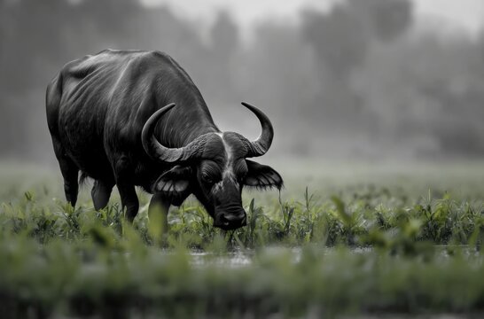 A black and white buffalo grazing peacefully in a green Thai field - Powered by Adobe