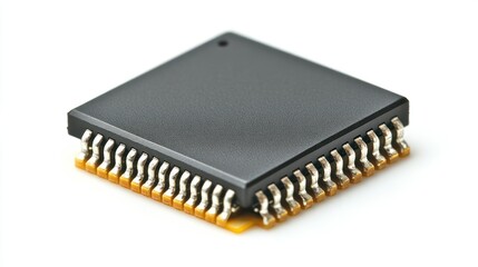 Dark gray square electronic chip with gold contacts