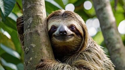 Fototapeta premium Sloth clinging to a tree trunk. Smiling sloth in rainforest