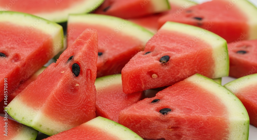 Poster a close up view of several slices of watermelon with seeds and green rind on a white background