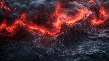 Abstract dark waves clashing with red glowing graphs, evoking the turbulence and instability of global markets