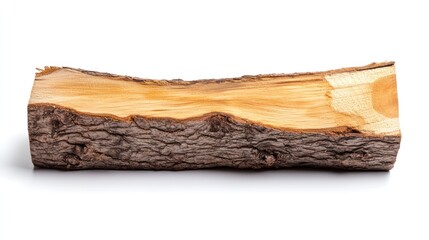 A cut log of light wood with dark bark isolated on white.