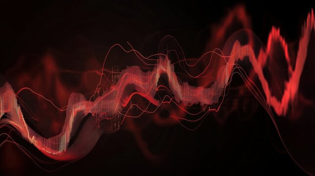 Abstract layers of red line charts and dynamic waves, symbolizing volatile stock performance on a black backdrop