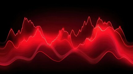 Abstract sharp red graph peaks layered on flowing waveforms, representing volatile market forces on a dark gradient