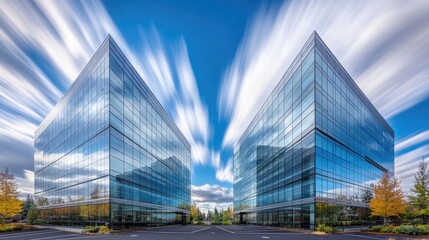 Fototapeta premium Modern glass office buildings under dynamic skies.