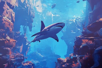 Shark drifting over an underwater canyon, depth emphasized by light gradients
