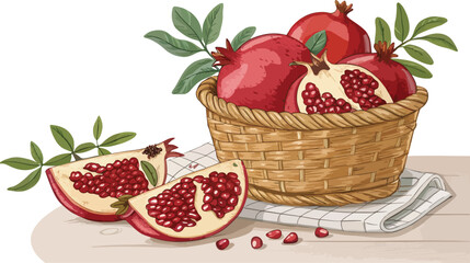 Pomegranate in basket with pomegranate slice on table in white background, Pomegranate Illustration vector design